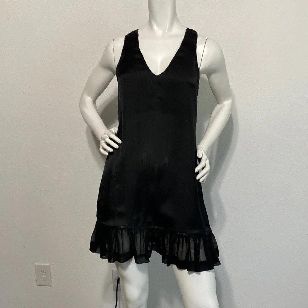 Farm Rio Anthropologie Black Satin Sleeveless Swing Dress Size P/Small